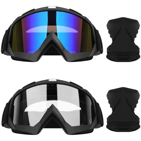 Lievermo Motorcycle Goggles Dirt Bike Goggles 2 Pack ATV Off-Road Riding Motocross Ski Goggles Windproof Glasses with Sun UV Protection Neck Gaiter Face Cover Cover