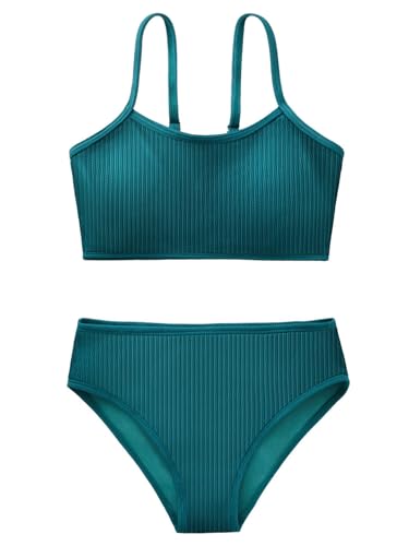 Girl's 2 Piece Swimsuit Solid Spaghetti Strap Bikini Sets Beach Bathing Suit Swimwear for Teen Kids Dark Green