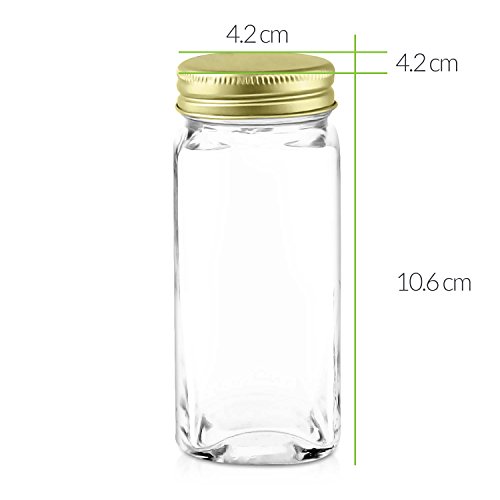 Nellam French Square Glass Spice Jars – Set of 12 with Shaker Lids and Chalkboard Sticker Labels, Small 4oz Bottles - Stackable Herbs and Spices Containers - Decorative Organizers in Gold