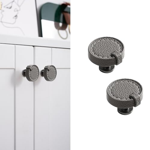 Image of 2 Pack Leather Cabinet Knobs Hand-Stitch Grey Round Leather Drawer Pulls Dresser knobs Pulls for Cabinets Cupboard Dressers Drawers Bedroom Brown Leather Cabinet Pulls