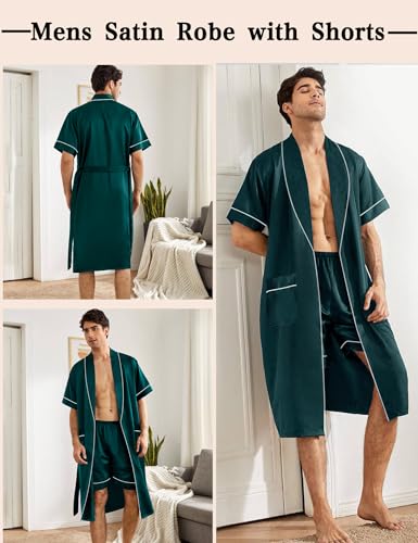 SWOMOG Men's Satin Robe with Shorts Set Silky Short Sleeve Kimono Bathrobe Lightweight Soft Sleepwear3