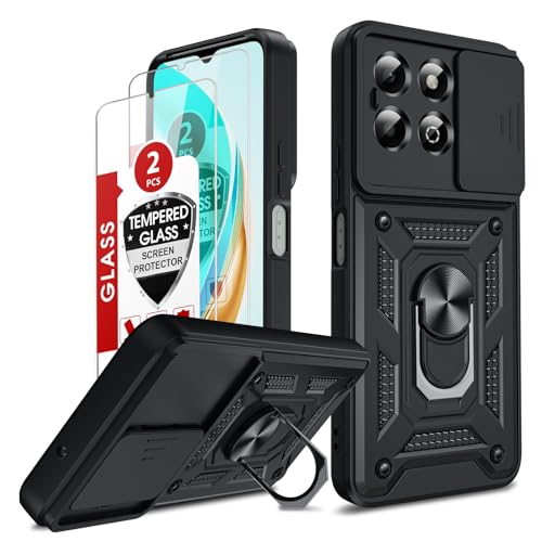 LeYi for Honor X6b Phone Case 2 Pack Tempered Glasss Screen Protectors Ring Stand Holder Military Shockproof Rugged Mobile Phone Cover with Camera Lens Slide Design for Honour X6b 4G Black