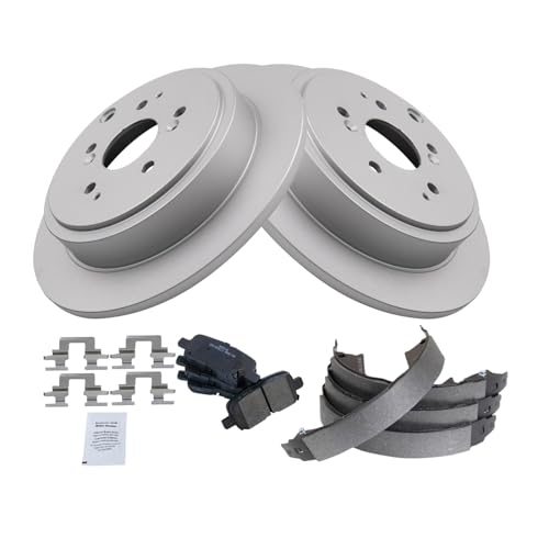 Image of TRQ Rear Brake Pad and Rotor Set Semi Metallic G Coated Rotors Parking Shoe Compatible with 2003-2008 Honda Pilot