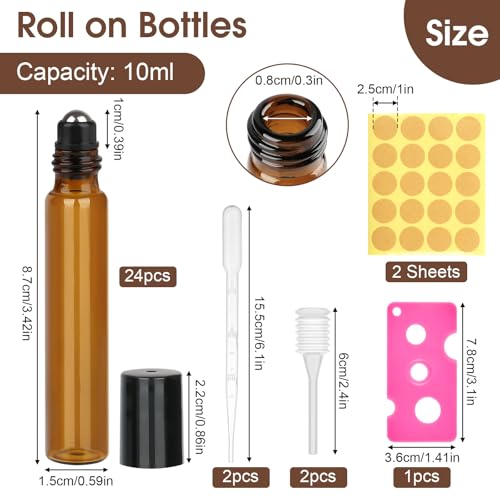 24 Stück Roll on Glasflaschen für Ätherisches Öl, 10ml Roll on Flasche Leer mit Edelstahl-Ball, Braune Rollon Flaschen mit Öffner,Tropfer, Strohhalm, Etiketten für Ätherische Öle, Parfüm, Massage