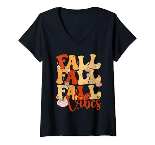 Womens Fall Vibes Groovy Autumn Lovers Flowers Pumpkin Men Women V-Neck T-Shirt