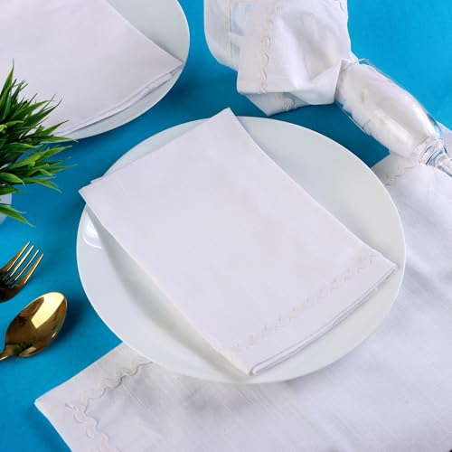 Image of FINGERCRAFT Cloth Napkins Set of 6, 18x18 Inch, 100% Cotton Table Napkins with RIC Rac Scallop Lace Trim, Reusable Washable Dinner Napkins for Wedding, Party, Dining & Home Decor (White)