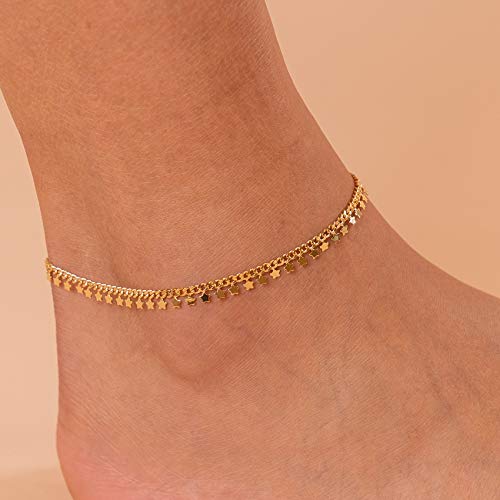 Image of PAVOI 14K Gold Plated Anklet for Women - Trendy Link Chain Ankle Bracelet Summer Jewelry - Boho Dainty Anklets with Cubic Zirconia, Beaded, Evil Eye, Star, Station, Pearls Adjustable Gold Jewelry