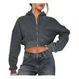 Zip Up Cropped Sudadera de Las Mujeres Manga Larga Color sólido Suelto Cuello Redondo Escotado Jersey con Capucha Chaqueta de Ropa Exterior,Gris,L