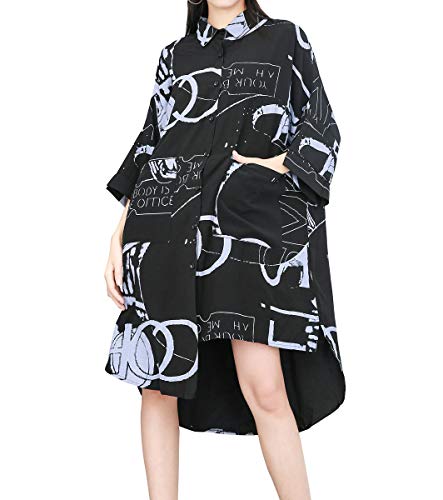 ellazhu Women's 1/2 Sleeve Loose Fit Button-Down Long Shirts with Irregular Hem GY1828 Black