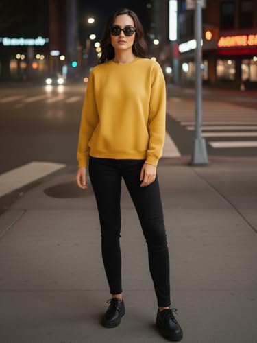 Image of LEOTUDE Women's Full Sleeve Round Neck Loopknit Solid Sweatshirt for Women (Color Mustard)