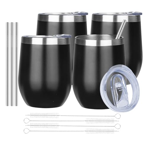Image of MEZMUT 12 Oz Insulated Wine Tumbler with Lid Double Wall Vacuum Stainless Steel Wine Glass Coffee Mug Insulated Tumbler Cup for Champaign, Cocktail, Beer (Black, 4 Pack)