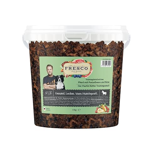 FRESCO Dog Martin Rütter Trainingsknöchelchen Pferd & Preiselbeeren1kg | Hundeleckerli getreidefrei & zuckerfrei mit 90% Frischfleisch | Fettarme Pferdeleckerlis hypoallergen fürs Hundetraining