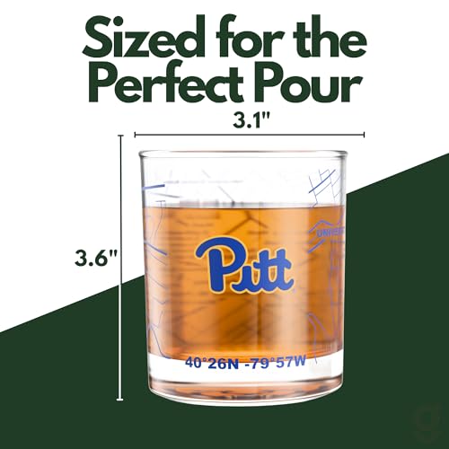 Image of Greenline Goods University of Pittsburgh Panthers Whiskey Glasses Set of 2, 10 oz Rocks Glasses with Full-Color Logo & Campus Map - Officially Licensed Bourbon Glass Gift for Alumni & Fans