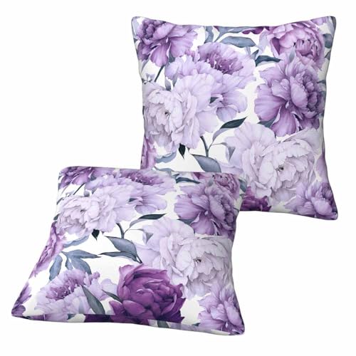 LoLo UoUo Purple Peonies Bloom Pillow Cases Set of 2 Cases Blue Leaf Flower Elegant Vintage Outdoor Decor Home Throw Pillow Cover for Car Sofa Square 18x18 Inch Pillow