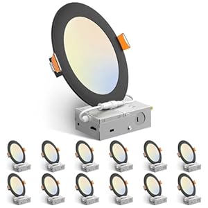 Amico 12 Pack 6 Inch 5CCT Ultra-Thin LED Recessed Ceiling Light with J-Box, 2700K/3000K/3500K/4000K/5000K Selectable, 12W Eqv 110W, Dimmable Canless Downlight, 1050LM High Brightness, Black – ETL