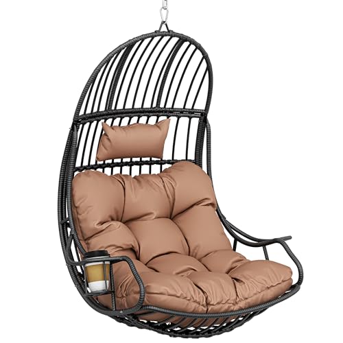 YITAHOME Hanging Chair Egg Swing 150 kg Load Capacity, Rattan Swing Chair with Cushion  Drink Holder, Hanging Basket Chair for Garden, Patio, Balcony, Living Room, Beige