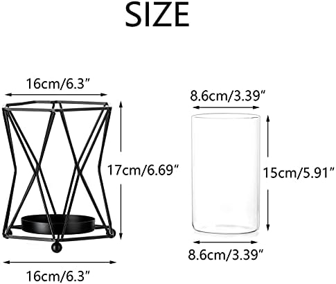 NUPTIO 2 Pcs Pillar Candle Holder Glass Flower Vase with Metal Holder Dual Uses, Glass Hurricane Candle Holders for Bathroom Dining Table Decoration, Black Candle Holders for Halloween Thanksgiving