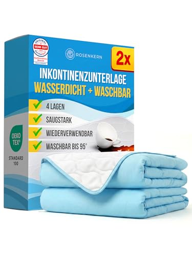 Rosenkern® Inkontinenz Bettunterlage 70x90 cm 2er Set - [4-Lagig & Saugstark] - Inkontinenzunterlage Waschbar - [Wiederverwendbar] - PIPI Unterlage Wasserdicht - [Kinder & Erwachsene]