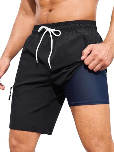 SILKWORLD Mens Swim Trunks with Compression Liner Quick Dry 9" Bathing Suit Summer Beach Swimming Shorts with Zip Pockets3