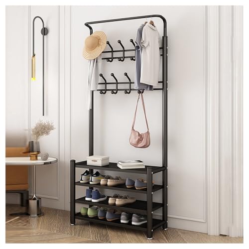 Porte-manteau sur pied noir avec panier de rangement intégré et 18 crochets pour entrée