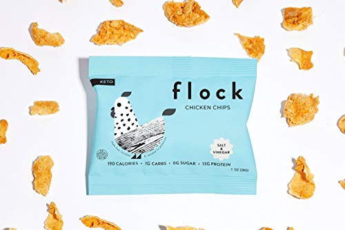 Flock Keto Chicken Skin Chips | 100% Real Chicken | Low Carb, High Protein, Gluten Free Single Serve Snack | Salt and Vinegar Flavor, 8-Pack