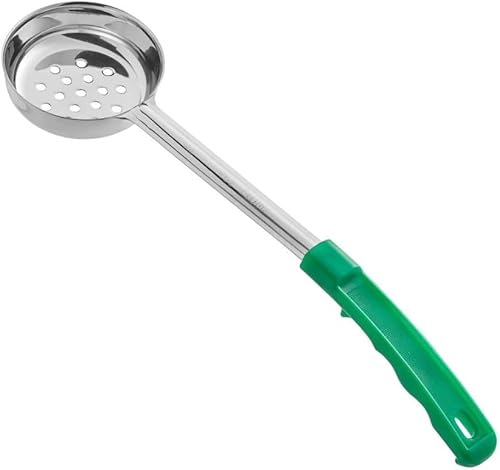 Soro Essentials - Cuchara perforada de acero inoxidable de 4 onzas para servir con control de porciones con mango verde - Cuchara de control de