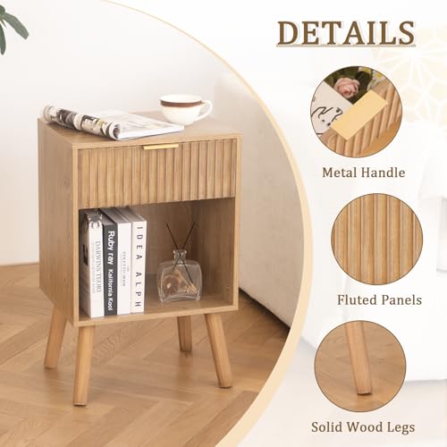 Image of Fultyle Night Stand with Drawer, Mid Century Nightstand with Storage, Modern Fluted Bedside Table Bedroom Living Room for Small Space, Office (Rustic Walnut)