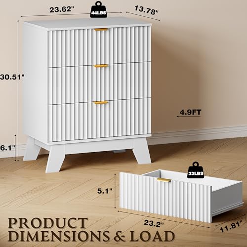 Image of BORNOON Fluted 3 Drawer Dresser, 30.3 inch Tall Compact Modern Boho Chest of Drawers, Wooden Storage Cabinet for Bedroom, Living Room, Entryway, Curved Profile Design