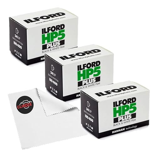 Ilford HP5 Plus Black & White 35mm Film Triple Pack (3 x 24 Exposures) ISO 400 Negative Film + Clikoze Microfiber Lens Cloth
