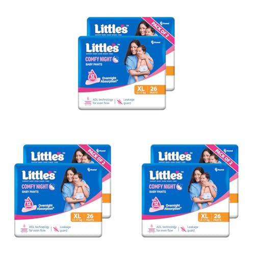 Image of Little's Baby Diapers XL Size (Extra Large) Pants Style | 12-17 kg | 52 Count | Comfy Nights Baby Diaper Pants with Leakage Guard & Upto 12 Hours Absorption (26 Count, Pack of 6)