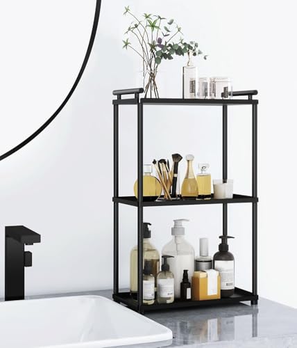 VOTZAAQ 3 Tier Bathroom Organizer Countertop Stainless Steel Perfume Tray and Vanity Countertop Shelf Makeup Skin Care Bathroom Organizers and Storage for Dresser Kitchen (Matte Black)