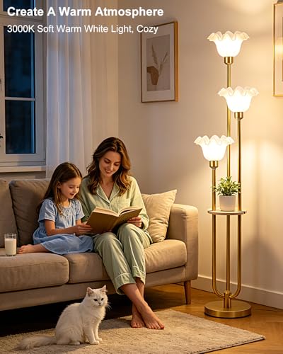 Image of Lightdot Flower Floor Lamp for Living Room Dimmable Vintage Floor Lamp with Shelf& Bulbs Included Mid Century Gold Floral Standing Tall Lamp with 5Lbs Heavy Base for Bedroom /Sofa Beside /Corner Decor