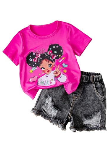 Image of Kids Toddler Girls Summer Clothes Leopard Butterfly Print T-Shirt + Belted Denim Jeans Shorts 3PCS Outfits