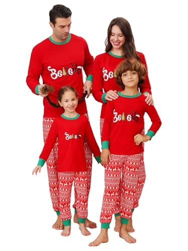Matching Christmas Pajamas Sets for Family, Cute Womens Mens Christmas Pjs Set Long Sleeve Pajama Outfit Holiday Lounge Sleepwear(Women,S,Red Believe)