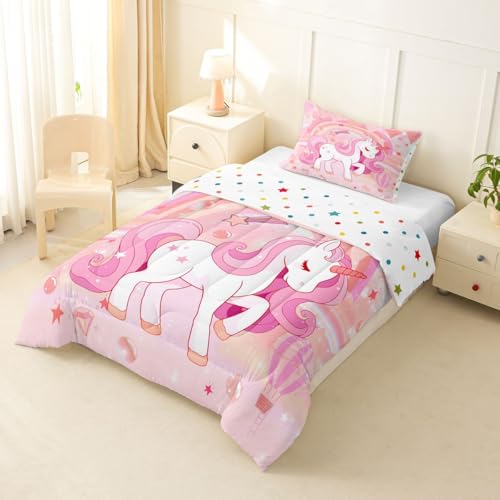 Image of Erosebridal Unicorn Bedding Set for Girls Twin Kawaii Rainbow Unicorn Comforter Set Bedroom Decor for Girls Kids Cartoon Horse Duvet Insert Ombre Stars Quilt Comforter Pink 2 Pcs