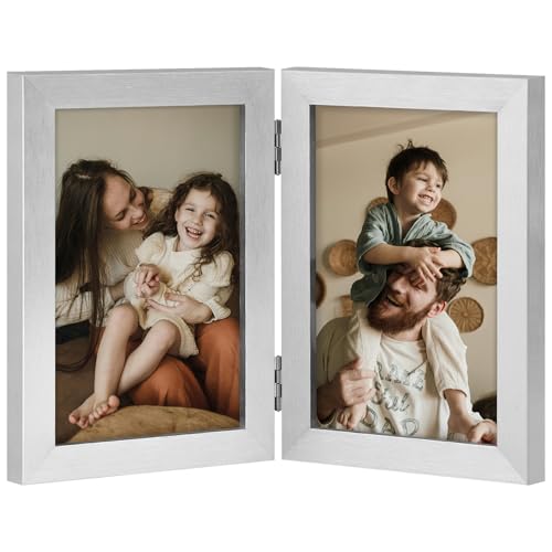 decorUhome Double 4x6 Picture Frame Vertical, Engineered Wood Bifold Photo Frame with Plexiglass for Tabletop Display, 4x6, Silver