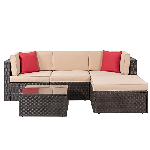 Shintenchi 5 Pieces Patio Furniture Sets Outdoor All-Weather Sectional Patio Sofa Set Pe Rattan Manual Weaving Wicker Patio Conversation Set With Glass Table&Ottoman Cushion And Red Pillows #TOP6