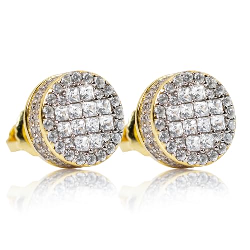 ​Men's Round Two Tone 14K Gold Plated 925 Sterling Silver Iced 5A Cz Cluster Square Princess Cut Setting Hip Hop Screw Back Gauges Circle Shape Stud Earrings
