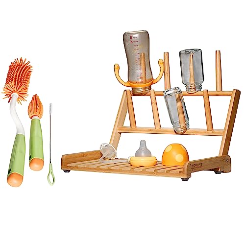 Image of FORLIFE MARKET Space Saving Bamboo Drying Rack- Countertop Folding Baby Bottle Drying Rack, Free Bottle Brush Set, Dish, Cup Organizer- Use as a Travel Baby Bottle Cleaning Kit, Accessories
