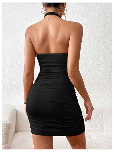 SOLY HUX Women's Ruched Halter Mini Dress Sleeveless Backless Bodycon Club Party Dresses3