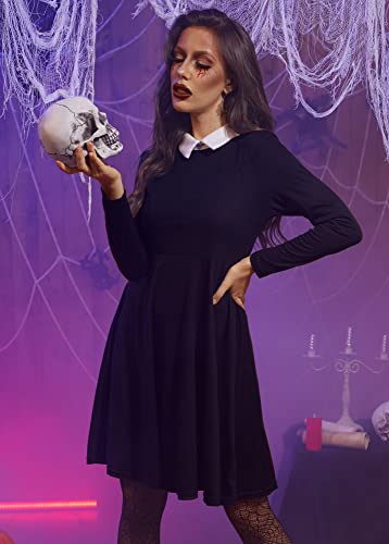 For G And Pl Women's Halloween Black Wednesday Addams Peter Pan Collar Long Sleeve Flare Skater Dress Black M #TOP1