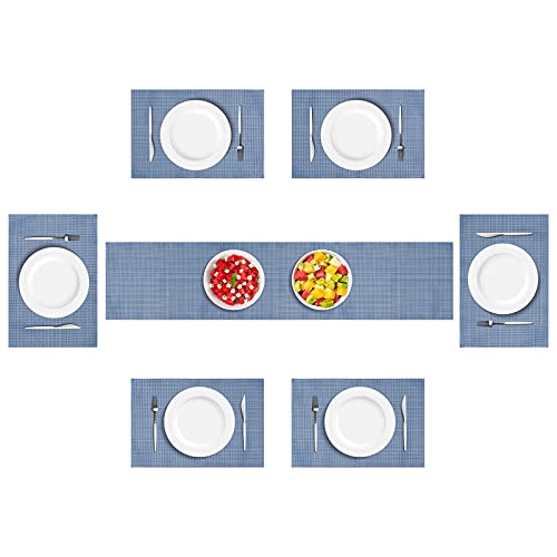 Table Placemats Set of 6 and Table Runner Anti-Skid Heat-Resistant Washable PVC Table Mats Durable Stain Resistant Woven Vinyl Kitchen Table Mats Bright Blue