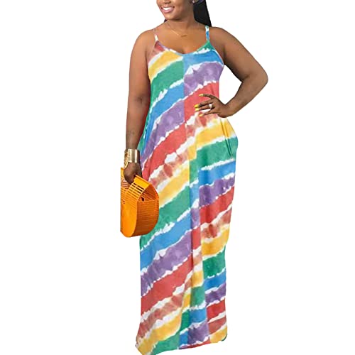 Image of BFFBABY Womens Summer Suspender Maxi Dress Plus Size Striped Printed Sleeveless with Pockets and Belt