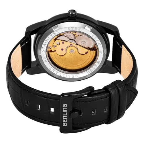Image of Benling Skeleton Analog Automatic Watch for Men, Mechanical Movement, Leather Strap, Formal Casual Party Official Purpose