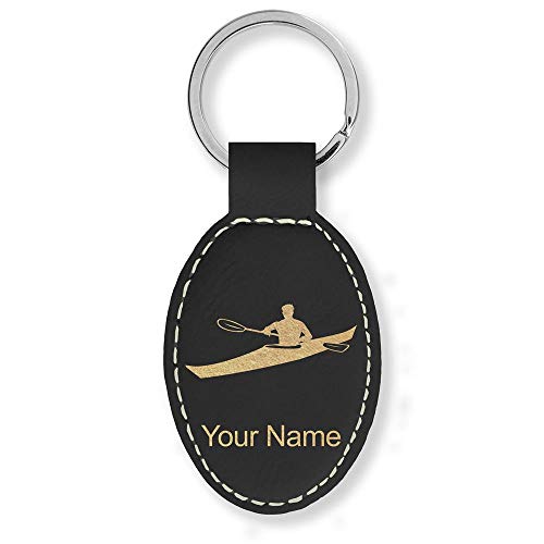 LaserGram Oval Keychain, Kayak Man, Personalized Engraving Included (Black with