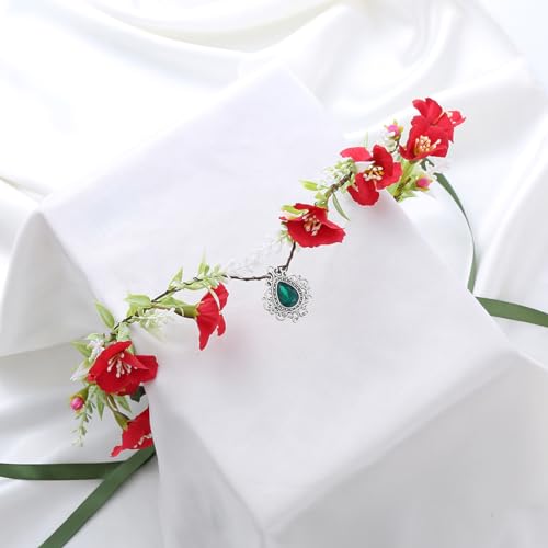 Vivivalue Elf Crown Headpiece Fairy Flower Headband Floral Hair Wreath Woodland Forest Even Circlet for Women Halloween Renaissance Wedding Bridal Cosplay Prom Photo Red