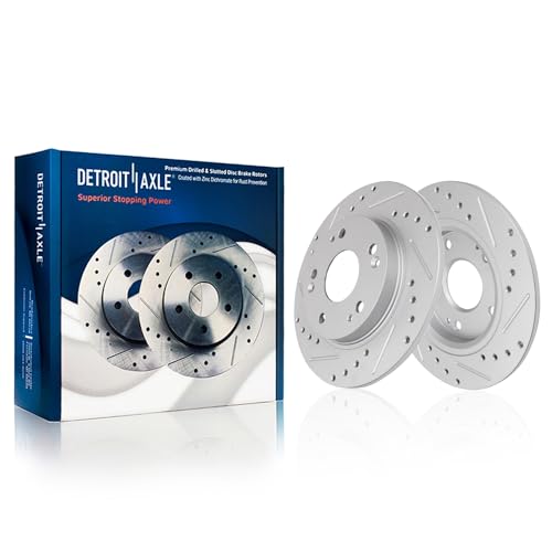 Image of Detroit Axle - Rear Brake Kit for 2011-2015 Honda CR-Z Drilled and Slotted | Disc Brake Rotors Ceramic Brake Pads with Hardware 2012 2013 2014 Replacement 10.24 inch inch Rotor