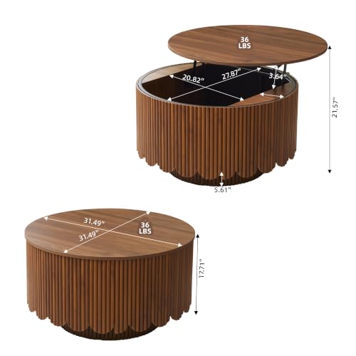 Image of Round Lift Top Coffee Table with Storage, Fluted Circle Coffee Table,Walnut