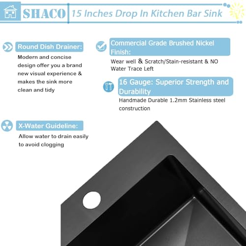 Image of SHACO 15x15 Drop In Black Bar Sink, 15 Inch Stainless Steel Top Mount Gunmetal Black 16 Gauge Single Bowl Small Kitchen Outdoor RV Sink with Strainer Drain
