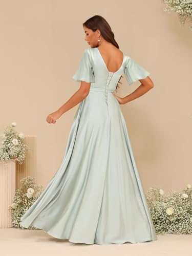 Short Sleeve Satin Bridesmaid Dresses for Women V-Neck Floor Length Formal Dresses with Slit LOK0012